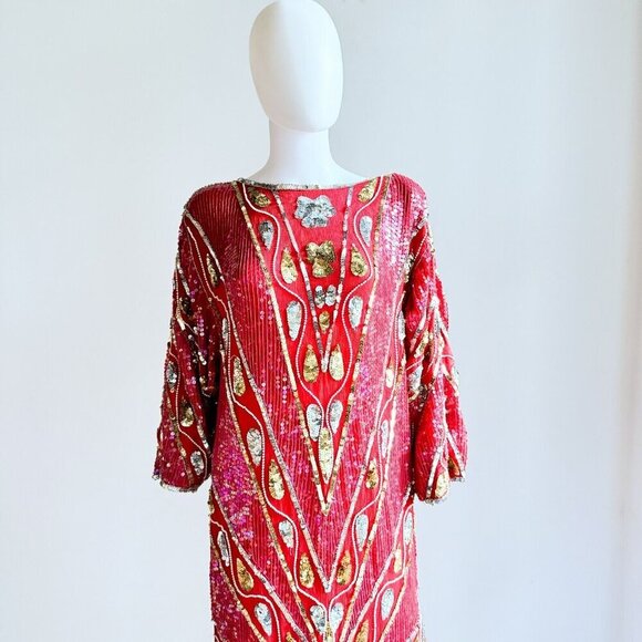 Vintage Red Silk Beaded Embroidered Long Sleeve Sheath Dress S/M - Picture 2 of 13